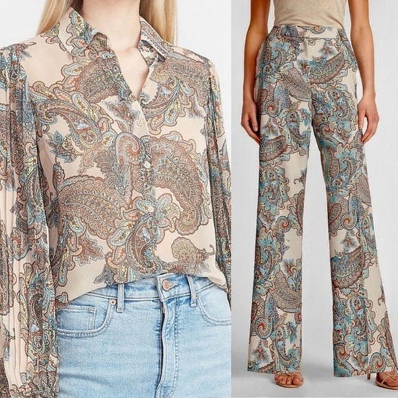 Express 2Pc High Waisted Paisley Trousers & See-Through Blouse - Picture 1 of 7